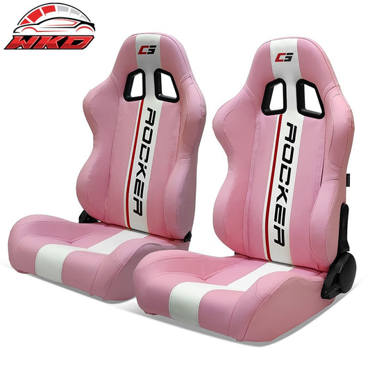 Wholesale Universal Pair Reclinable Racing Seats Dual Sliders Pink PU Leather White Stripe