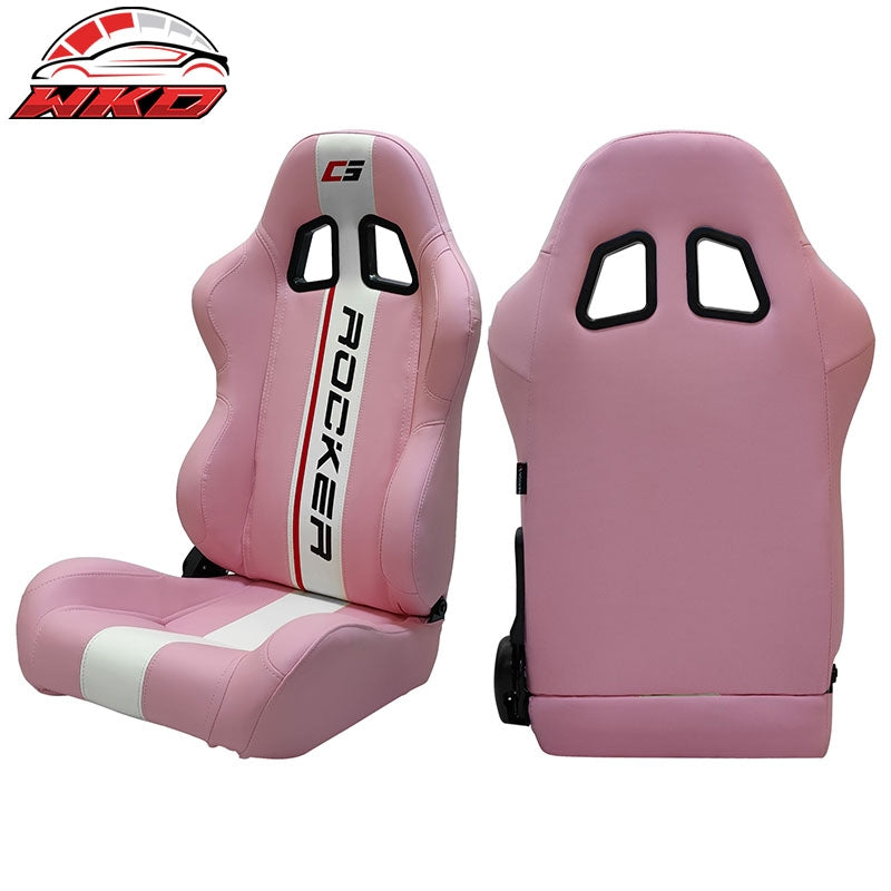 Universal Pair Reclinable Racing Seats Dual Sliders Pink PU Leather White Stripe