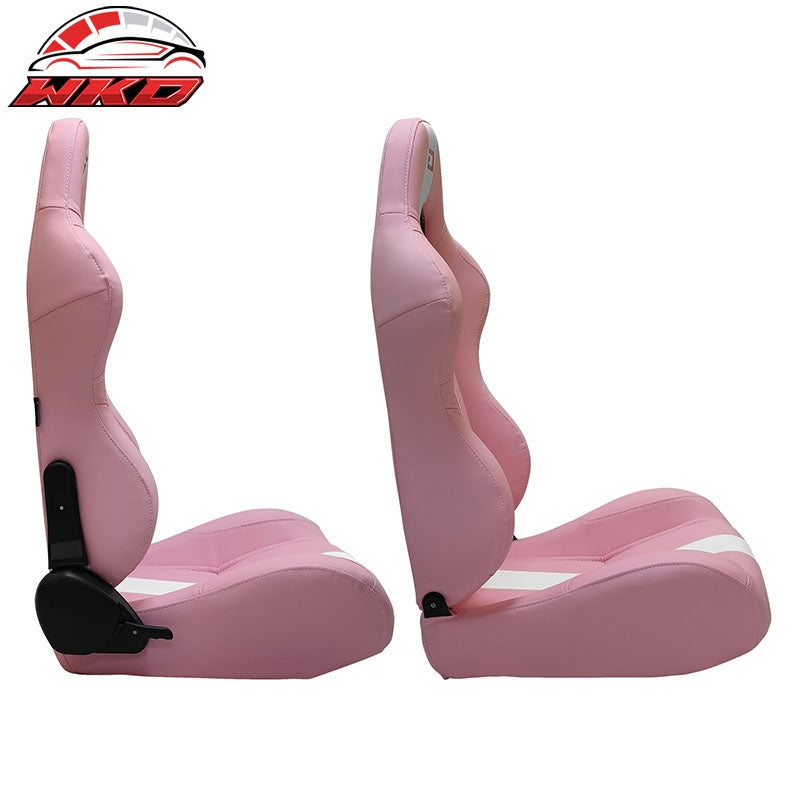 Universal Pair Reclinable Racing Seats Dual Sliders Pink PU Leather White Stripe
