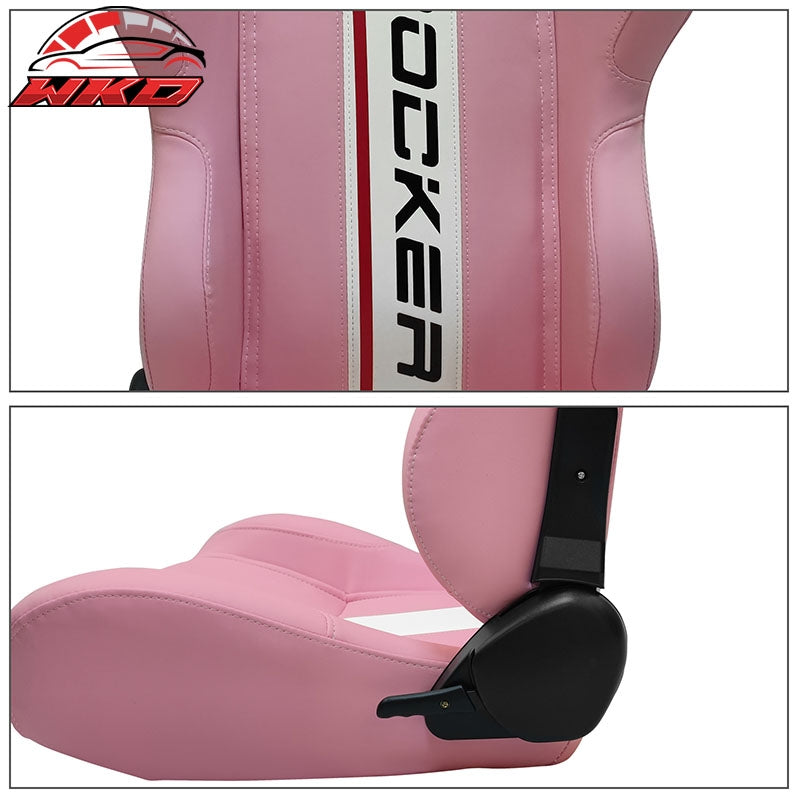 Universal Pair Reclinable Racing Seats Dual Sliders Pink PU Leather White Stripe