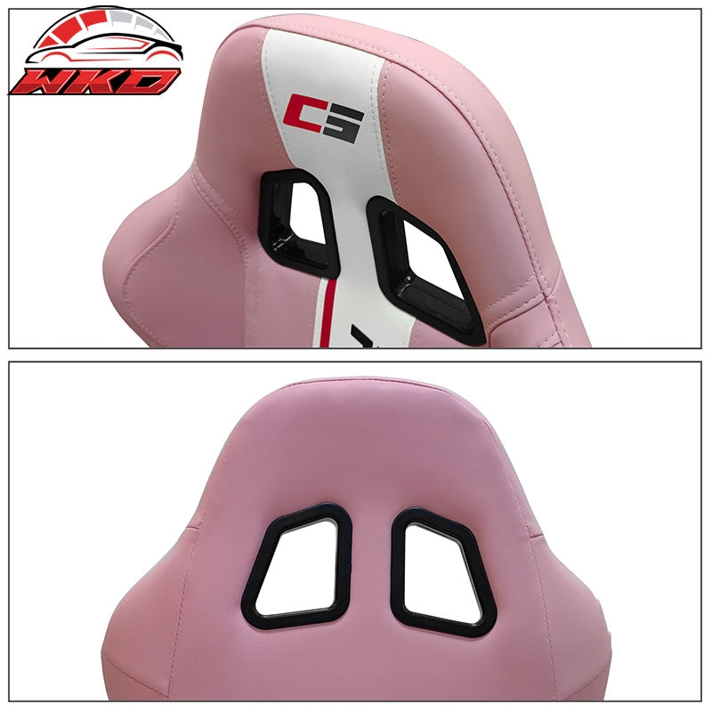 Universal Pair Reclinable Racing Seats Dual Sliders Pink PU Leather White Stripe