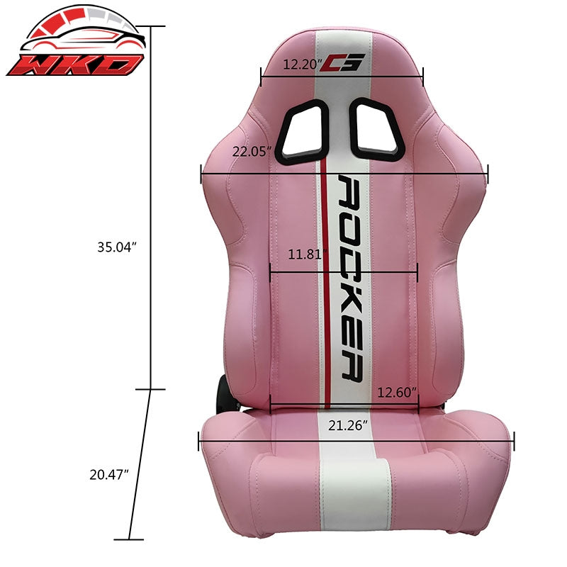 Universal Pair Reclinable Racing Seats Dual Sliders Pink PU Leather White Stripe