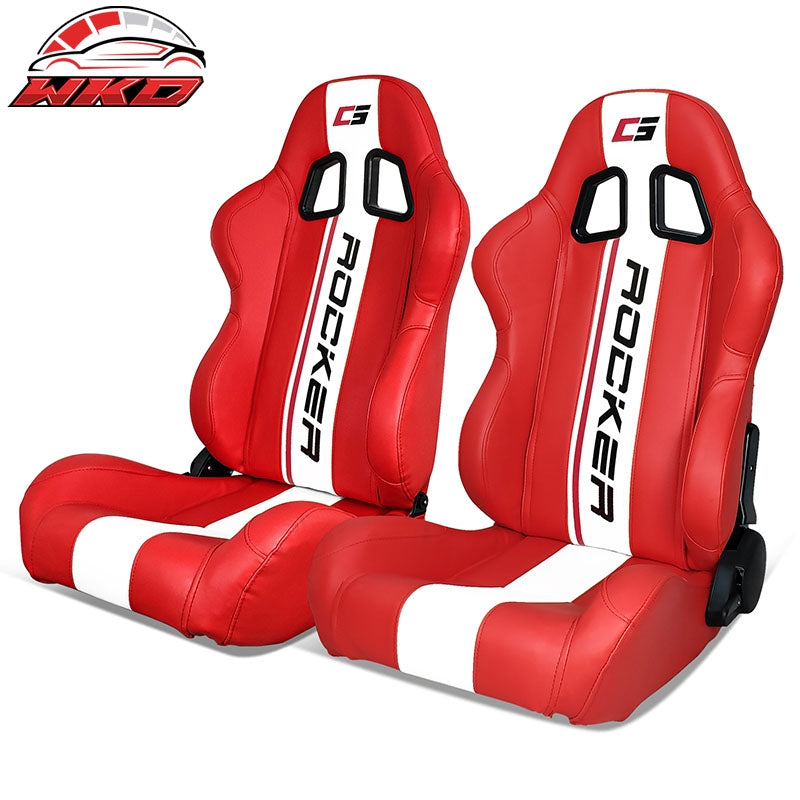 Wholesale Universal Pair Reclinable Racing Seats  Dual Sliders Red PU Leather White Stripe