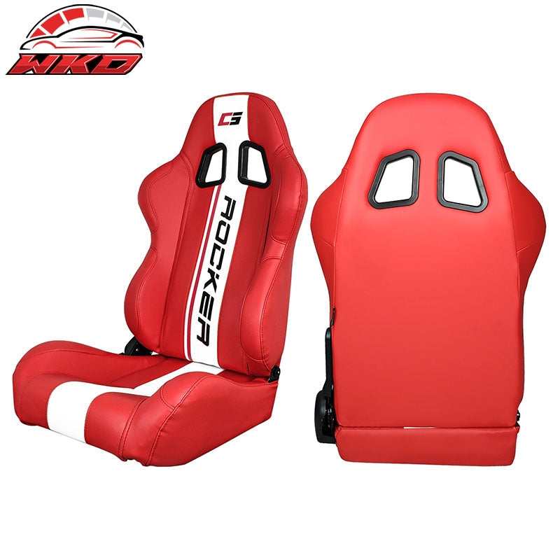 Universal Pair Reclinable Racing Seats  Dual Sliders Red PU Leather White Stripe