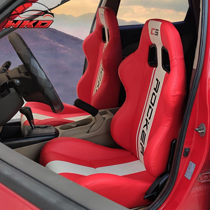 Universal Pair Reclinable Racing Seats  Dual Sliders Red PU Leather White Stripe