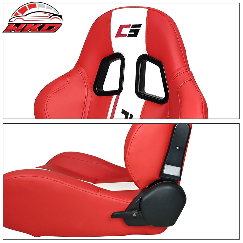 Universal Pair Reclinable Racing Seats  Dual Sliders Red PU Leather White Stripe