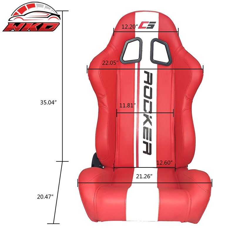 Universal Pair Reclinable Racing Seats  Dual Sliders Red PU Leather White Stripe