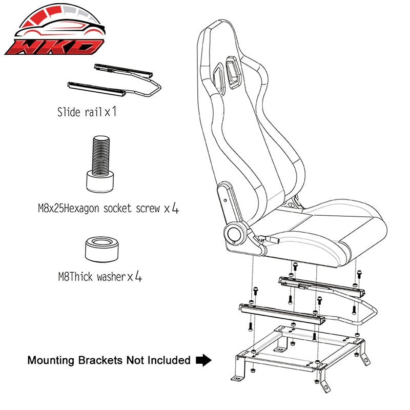 Universal Pair Reclinable Racing Seats  Dual Sliders Red PU Leather White Stripe