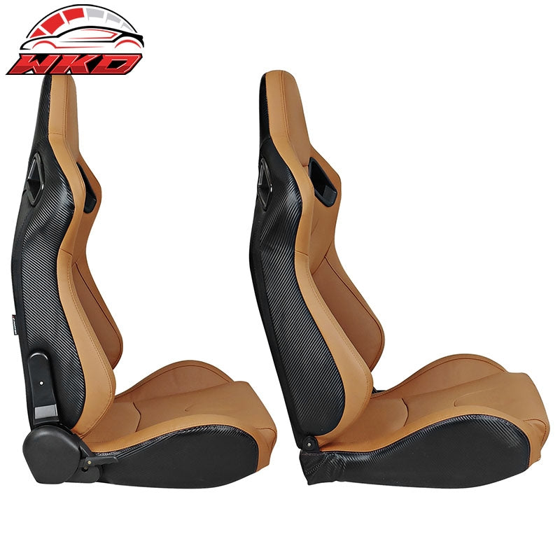 Universal Pair Reclinable Racing Seats Dual Sliders Brown PU & Carbon Leather
