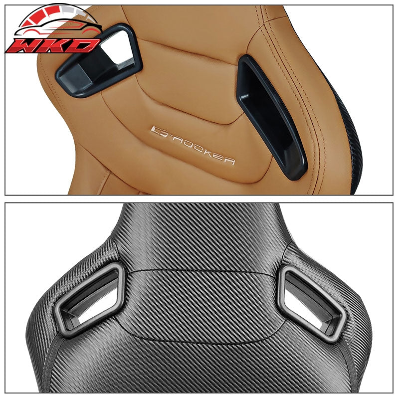 Universal Pair Reclinable Racing Seats Dual Sliders Brown PU & Carbon Leather