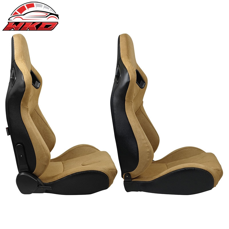 Universal Pair Reclinable Racing Seats Dual Sliders Brown Suede&Carbon Leather