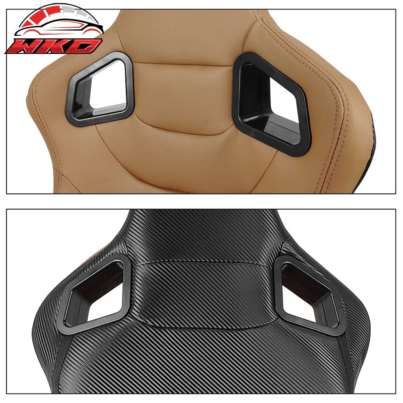 Universal Pair Reclinable Racing Seats + Dual Sliders Brown PU Carbon Leather