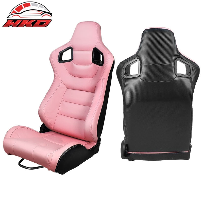 Universal Pair Reclinable Racing Seats + Dual Sliders Pink PU Carbon Leather