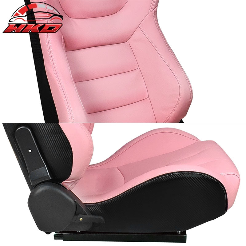 Universal Pair Reclinable Racing Seats + Dual Sliders Pink PU Carbon Leather