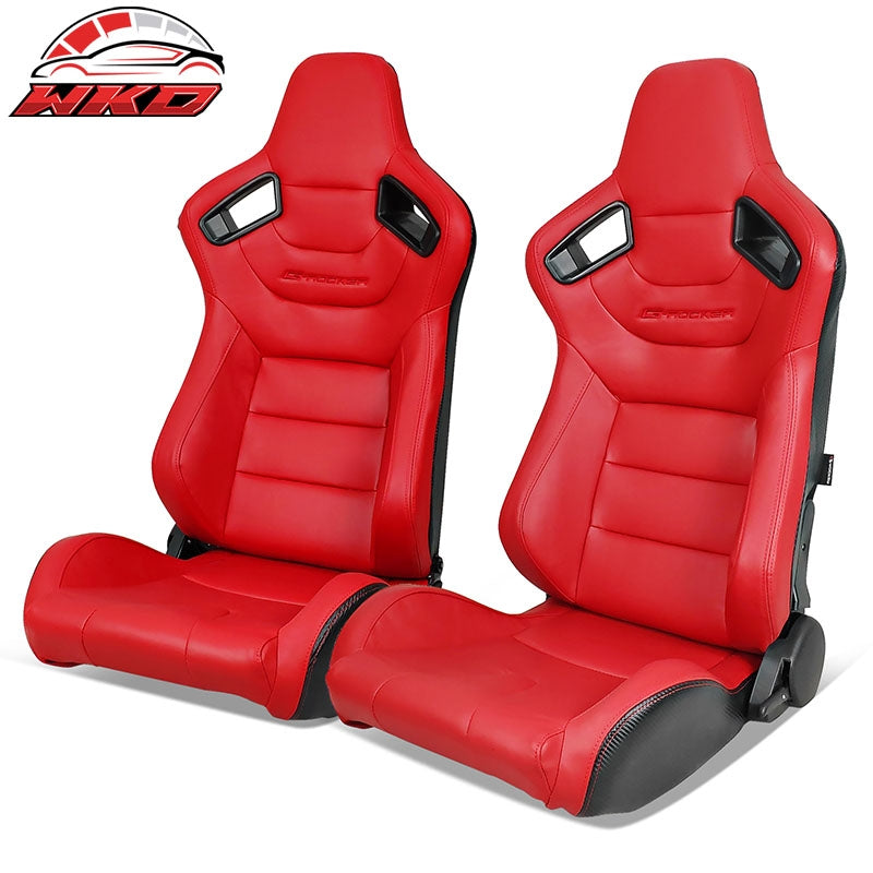 Wholesale Universal Pair Reclinable Racing Seats + Double Sliders Red PU & Carbon Leather
