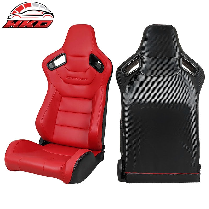 Universal Pair Reclinable Racing Seats + Double Sliders Red PU & Carbon Leather