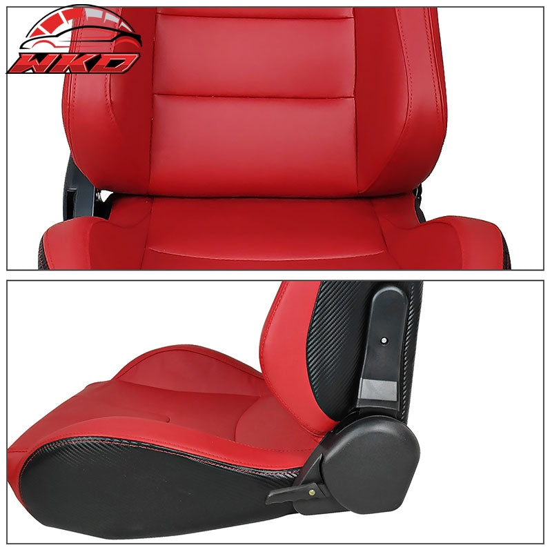 Universal Pair Reclinable Racing Seats + Double Sliders Red PU & Carbon Leather