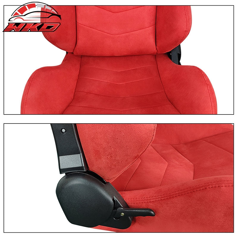 Pair Universal Reclinable Suede Racing Seats Dual Sliders Red
