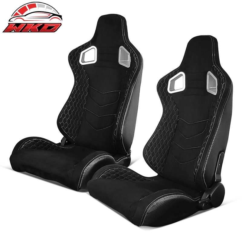 Wholesale Universal Pair Reclinable Racing Seats + Dual Sliders Suede w/White Stitch