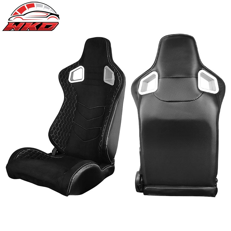 Universal Pair Reclinable Racing Seats + Dual Sliders Suede w/White Stitch
