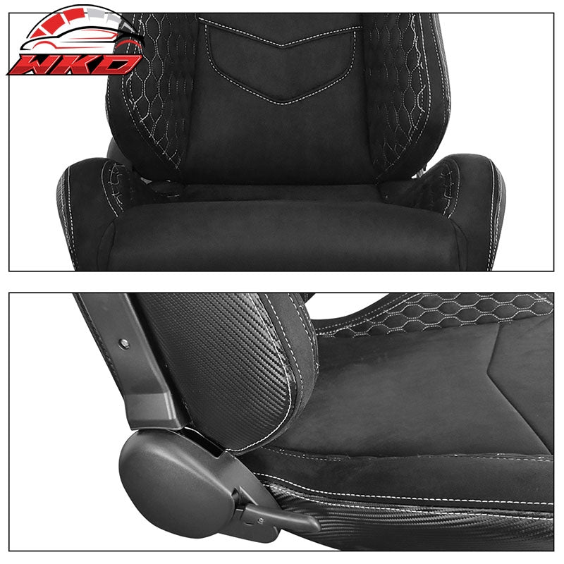 Universal Pair Reclinable Racing Seats + Dual Sliders Suede w/White Stitch