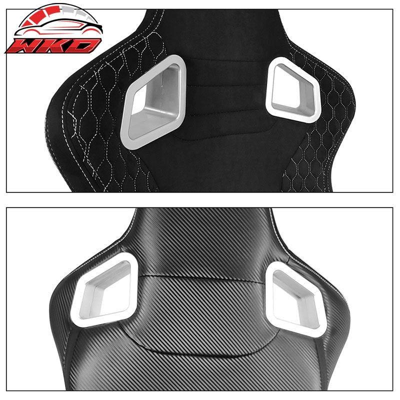 Universal Pair Reclinable Racing Seats + Dual Sliders Suede w/White Stitch