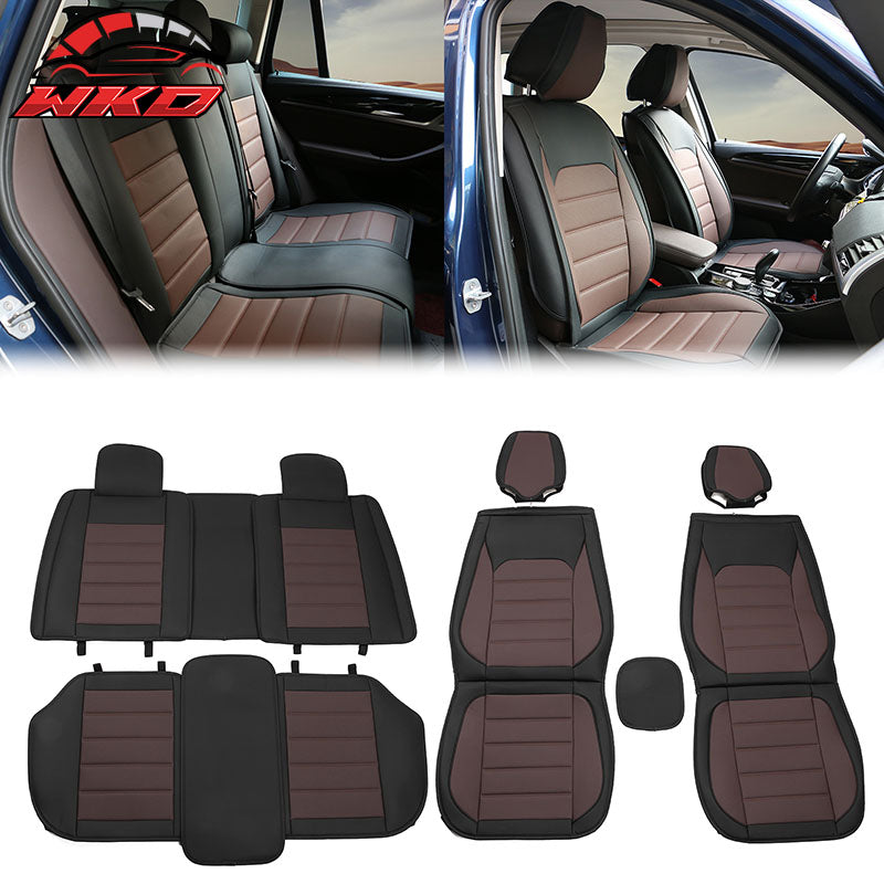 Universal Front Rear Car Seat Covers Black & Brown PU Leather 01 Style Full Set