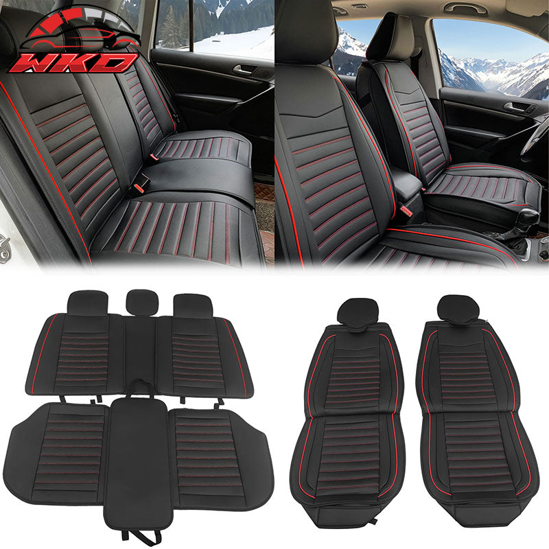 Universal Black & Red Stitching Car Seat Covers PU Leather Full Set - 02 Style
