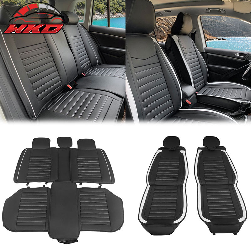 Universal Black & White Striped Car Seat Covers PU Leather Full Set - 02 Style