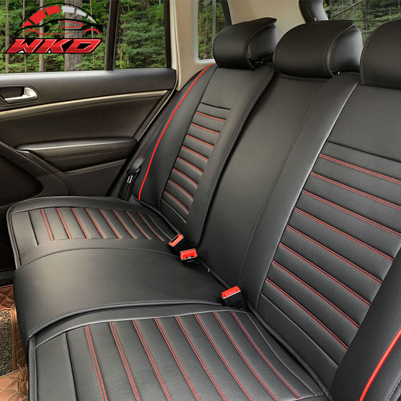 Universal Black & Red Striped Car Seat Covers PU Leather Full Set - 02 Style