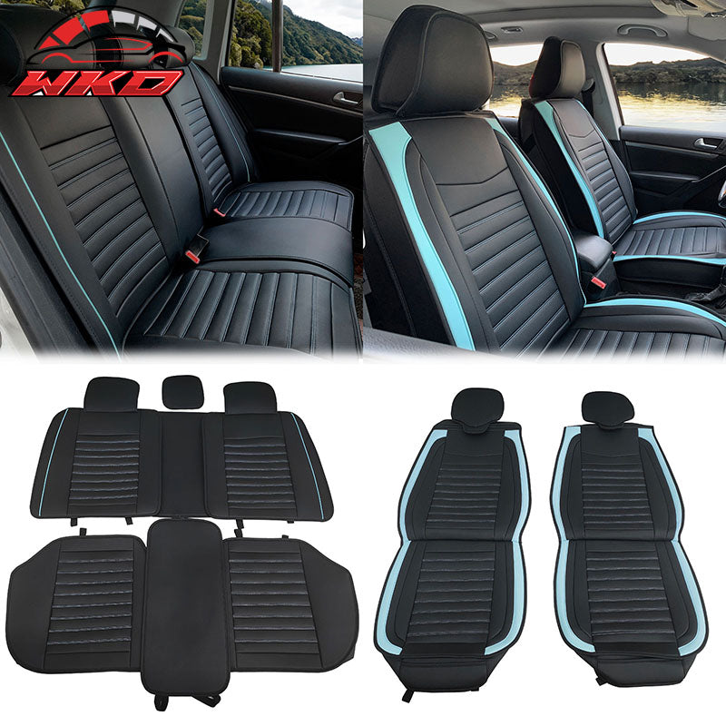 Wholesale Universal Black & Blue Striped Car Seat Covers PU Leather Full Set - 02 Style - Wikond Auto