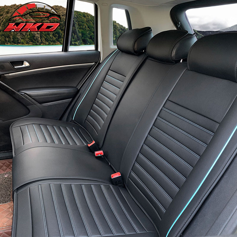 Wholesale Universal Black & Blue Striped Car Seat Covers PU Leather Full Set - 02 Style - Wikond Auto