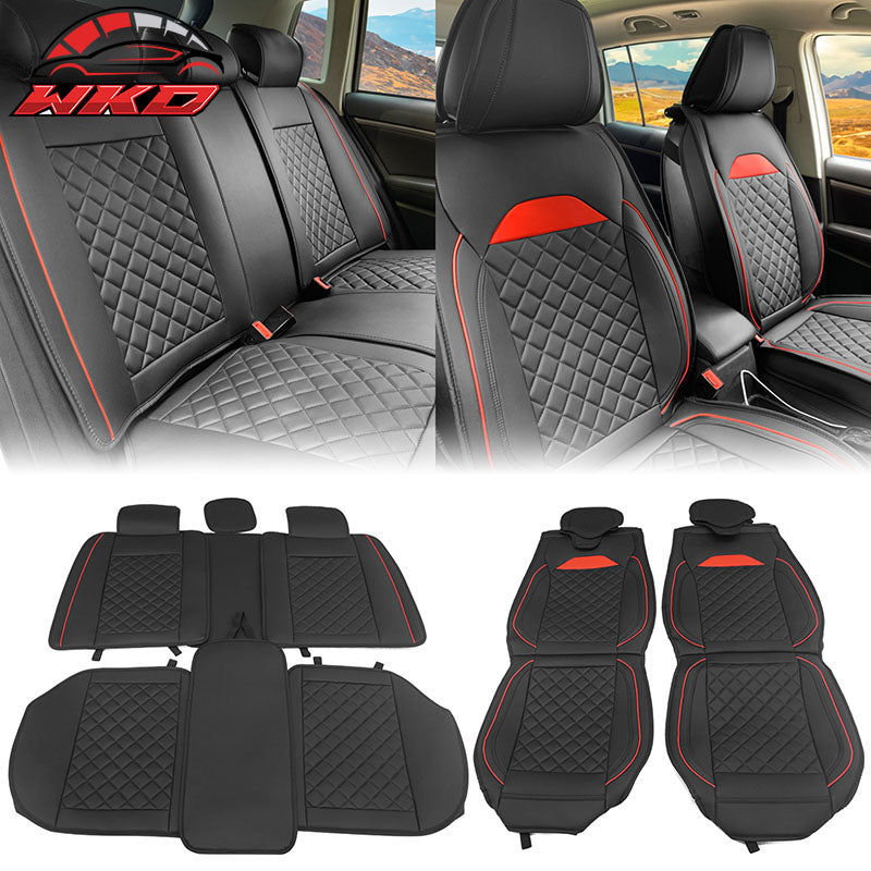 Universal Front Back Car Seat Cover 03 Style Black + Red PU Leather 5-Seat Set
