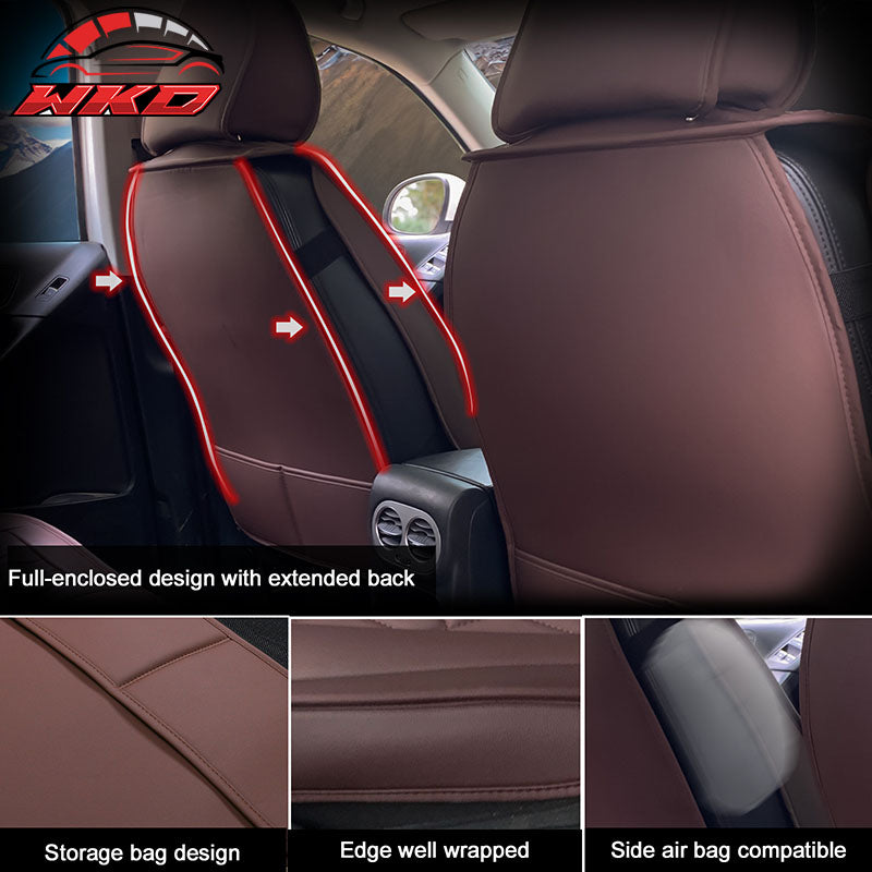 Universal Front Back Car Seat Cover 03 Style Brown + White PU Leather 5-Seat Set