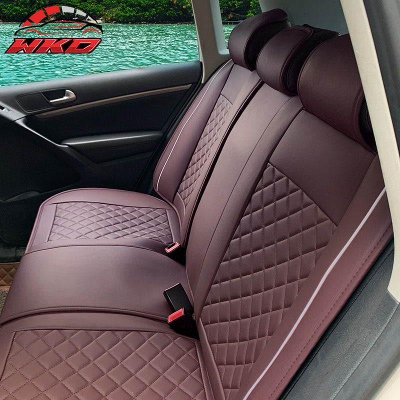 Universal Front Back Car Seat Cover 03 Style Brown + White PU Leather 5-Seat Set