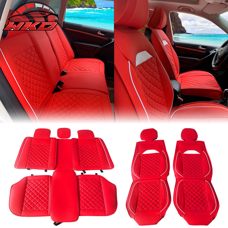 Universal Front Back Car Seat Cover 03 Style Red + White PU Leather 5-Seat Set