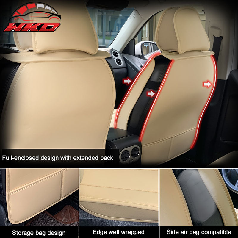 Universal Beige PU Leather Car Seat Covers w/ Lumbar 04B Style 5-Seat Full Set
