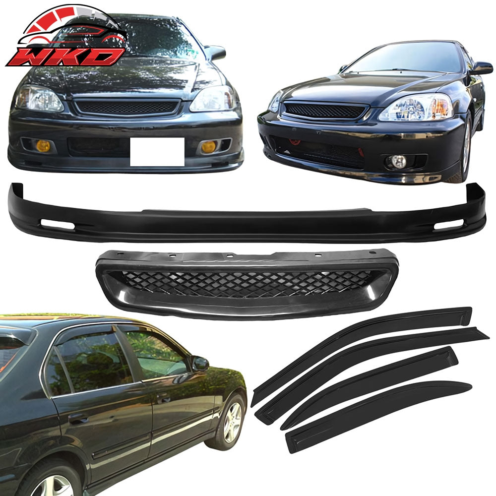 Fits 99-00 Honda Civic Mugen Front Bumper Lip PP + Grille + 4PCS Window Visors