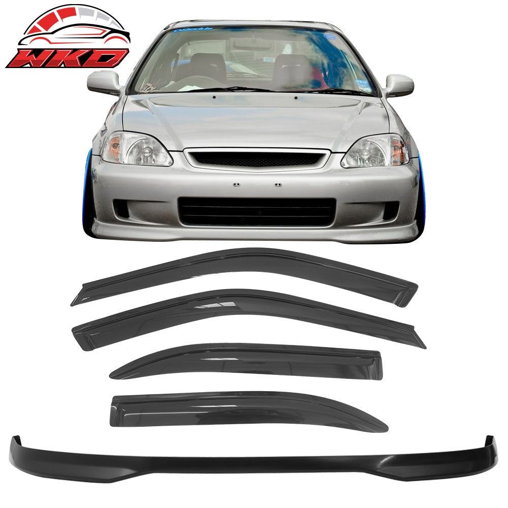 Fits 99-00 Honda Civic 4Dr EK Front Bumper Lip Spoiler PP + 4PCS Window Visors