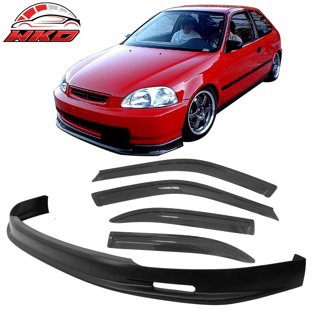 Fits 96-98 Honda Civic 4Dr Mugen Style Front Bumper Lip PP + 4PCS Window Visors