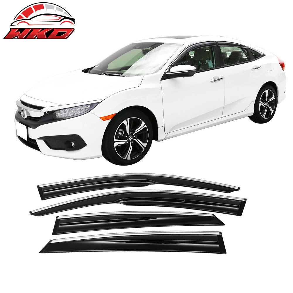 Fits 16-21 Honda Civic Sedan Mugen Style Window Visor Rain Deflector Chrome Trim