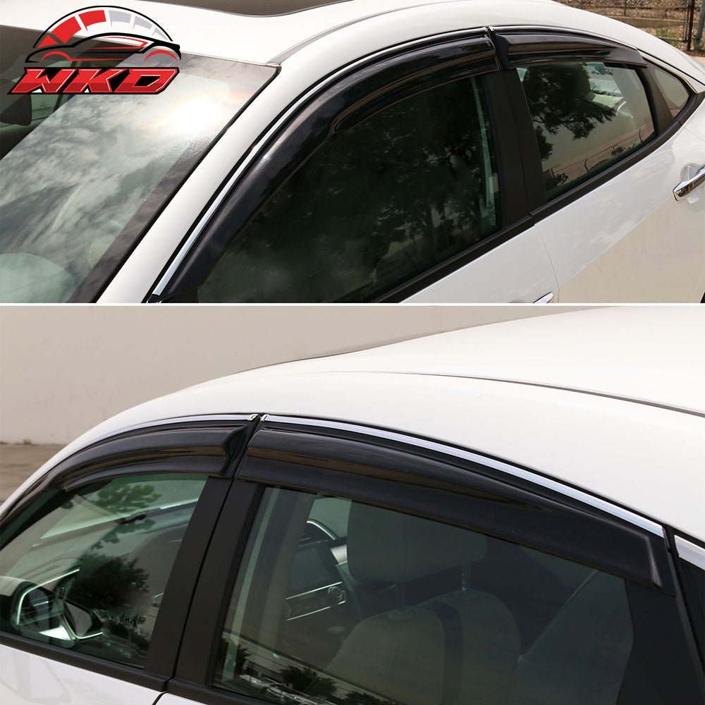 Fits 16-21 Honda Civic Sedan Mugen Style Window Visor Rain Deflector Chrome Trim