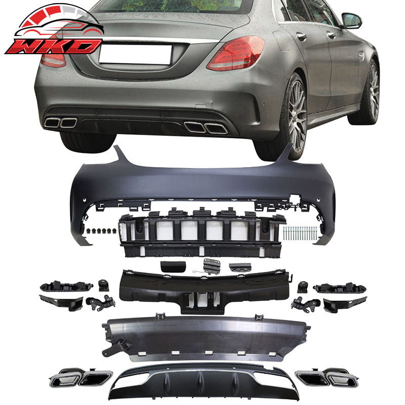 Fits 15-18 Benz W205 C-Class C63 AMG Style Rear Bumper Conversion w/ Muffler Tip