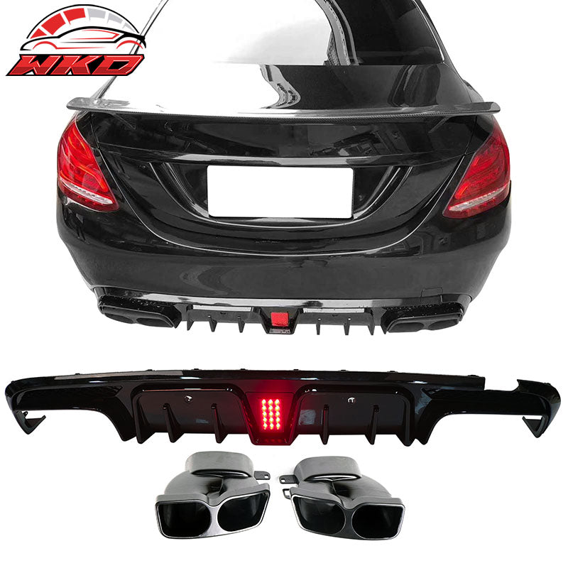 Fits 15-21 Benz W205 C-Class C63 C63S AMG B Style Rear Diffuser + Exhaust Tips