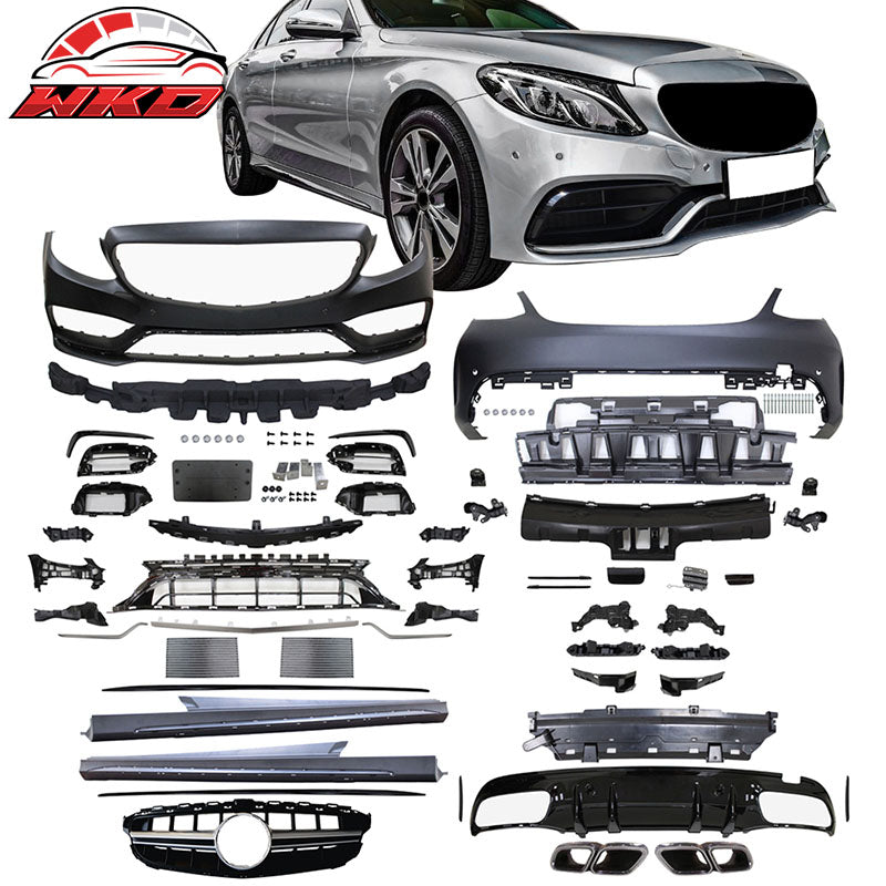 Fits 15-18 Benz W205 C63 AMG Style Bumper Kit w/ Silver Grill Tips Side Skirts
