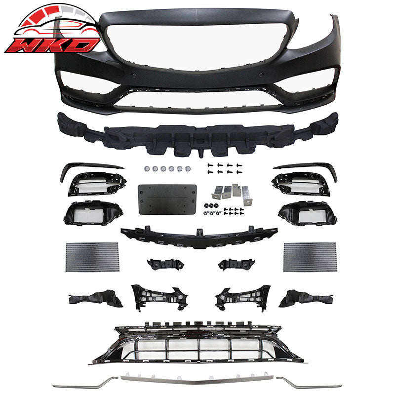 Fits 15-18 Benz W205 C63 AMG Style Bumper Kit w/ Silver Grill Tips Side Skirts