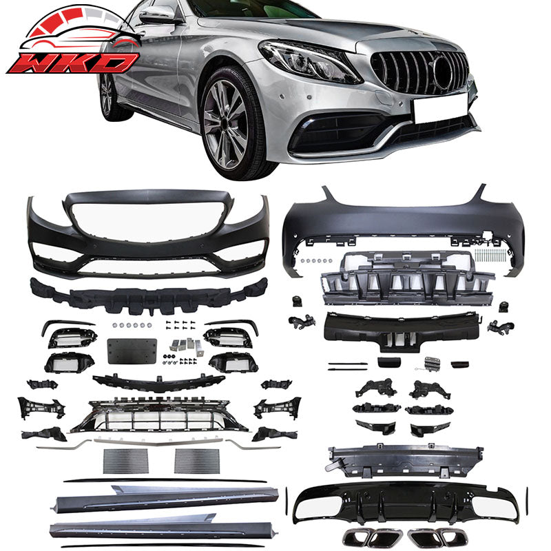 Fits 15-19 Benz W205 C63 AMG Style Front Rear Bumper w/ Muffler Tips Side Skirts