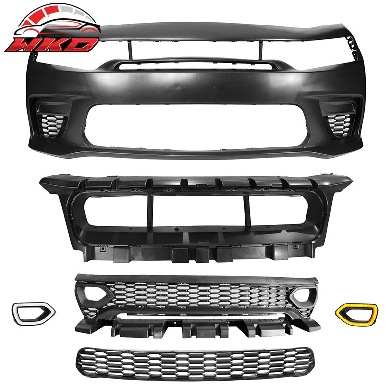 Fits 15-23 Charger PP Front Bumper SRT LED Upper Lower Grille Foglight Cover