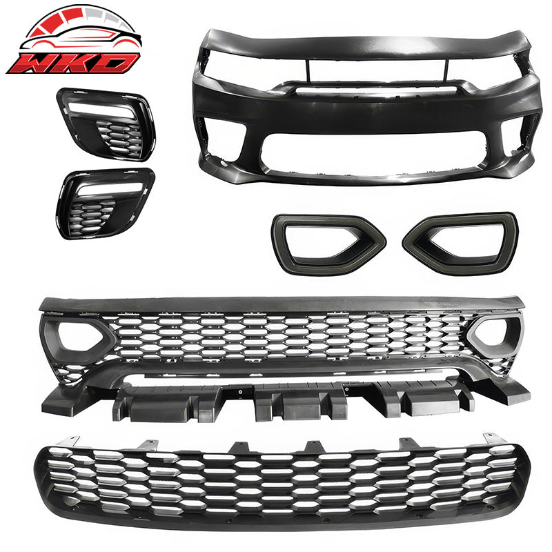 Fits 15-23 Charger PP Front Bumper SRT LED Upper Lower Grille Foglight Cover
