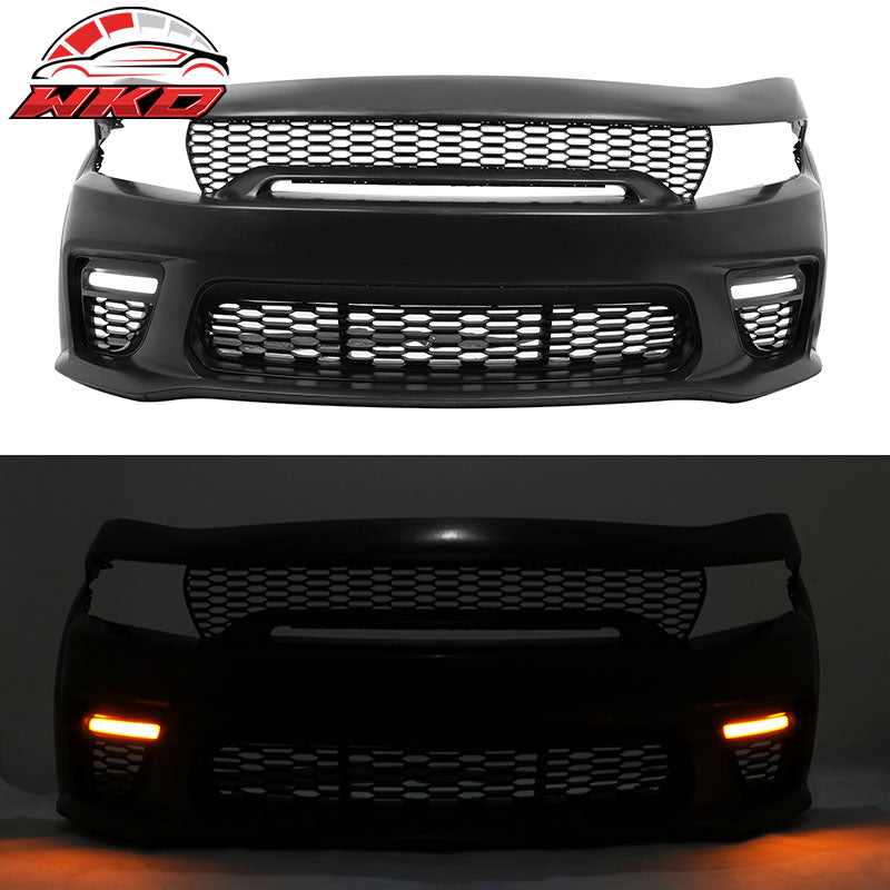 For 15-23 Charger Upper Lower Grilles Front Bumper Conversion W/ Pink Lip LED PP